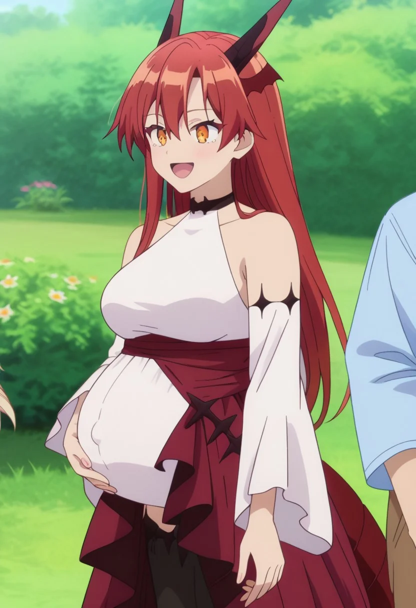 score_9, score_8_up, score_7_up, best quality, masterpiece, 4k, perfect lighting, very aesthetic, anime, anime coloring, official art, anime screencap,
OverallDetail, fFaceDetail
, happy, hand on belly,
taniav2, red hair, long hair, horns, dragon horns, orange eyes, hair between eyes, dragon girl, head wings, dragon tail,
bare shoulders, long sleeves, detached sleeves, white sleeves, collarbone, white shirt, red skirt, dress, wide sleeves, choker, black thighhighs, leotard under clothes,
BREAK<lora:Pregnant Bump:1>, huge pregnant belly,