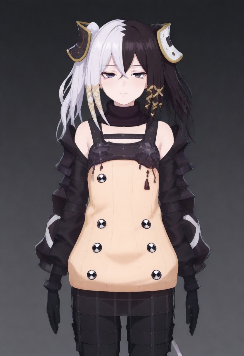 masterpiece, best quality, amazing quality,,, shiny skin,,,,,,<lora:Zesshi_Zetsumei:1> Z3ssh1Z3ts0m31, white hair, multicolored hair, black hair, long hair, two-tone hair, black eyes, gloves, jewelry, black gloves, hair ornament, skirt, pantyhose, ribbon,