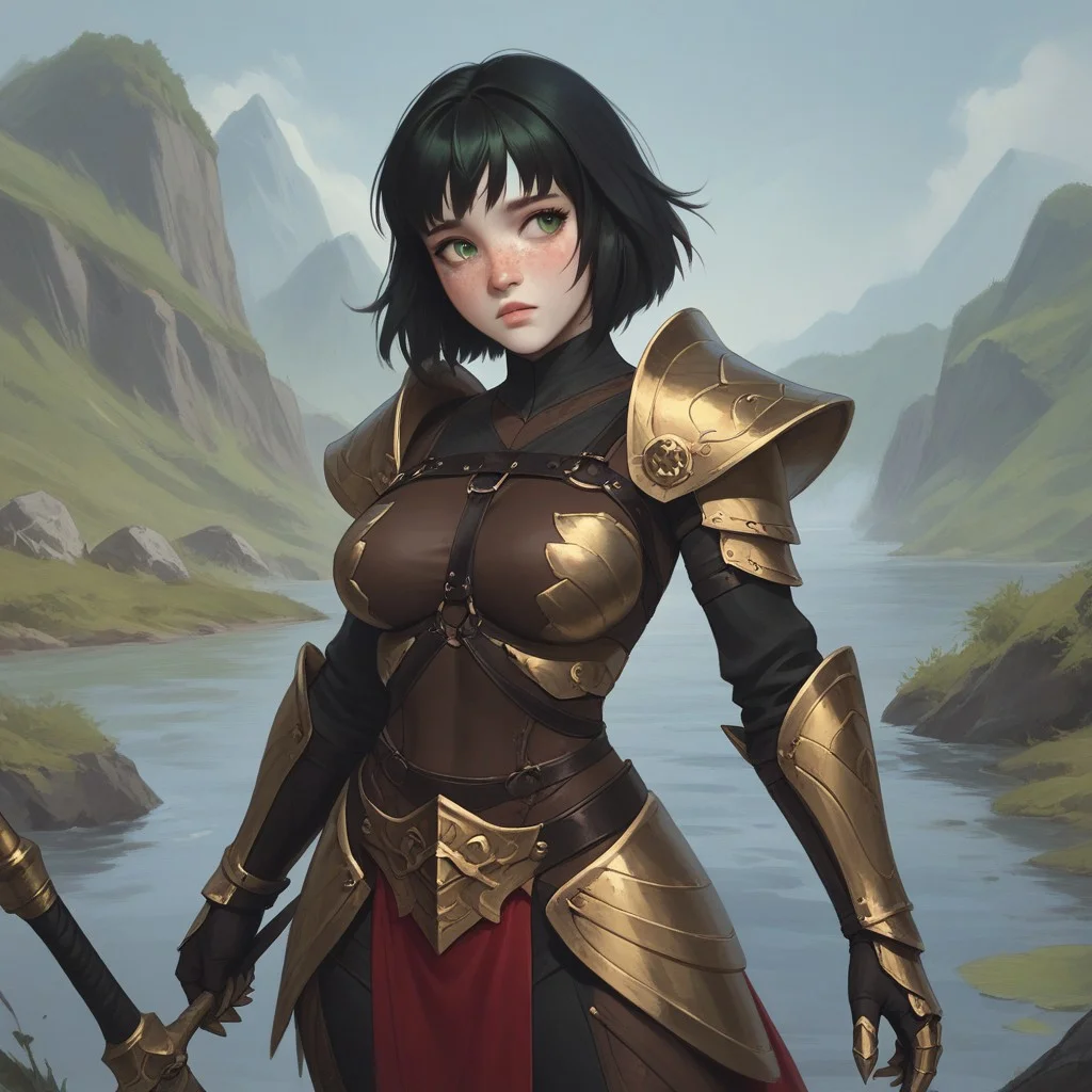 score_9, score_8_up, score_7_up, extremely detailed, 1 girl, short, pale skin, cute face, green eyes, freckles, short black hair, bangs, three claw mark scars on left side of face, slender, large breasts, mercenary armor, intricate design, leather harness, gauntlets, pelvic drape, standing near a river looking into the distance
