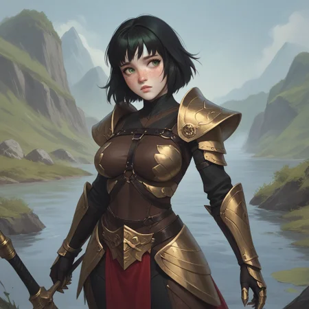 score_9, score_8_up, score_7_up, extremely detailed, 1 girl, short, pale skin, cute face, green eyes, freckles, short black hair, bangs, three claw mark scars on left side of face, slender, large breasts, mercenary armor, intricate design, leather harness, gauntlets, pelvic drape, standing near a river looking into the distance
