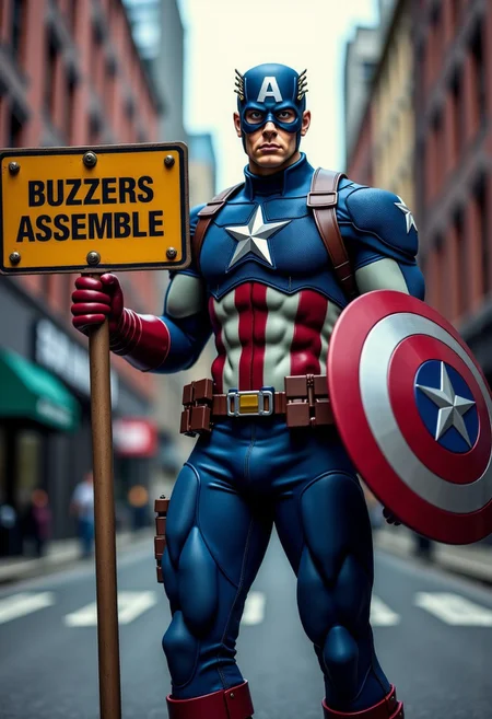 "Captain America" from Marvel Comics Avengers,Mjolnir,(((holding sign that says "Buzzers Assemble"))), otherworldly background,intricate details,highly detailed photograph,8K,extreme photography,masterpiece,trending,pulls the viewer in,expert use of shading gives a 3d effect,(photorealistic:1.6),film grain,photographed on a Sony A7R IV,18mm F/1.7 cine lens,(highly detailed, intricately detailed),8k,HDR,
