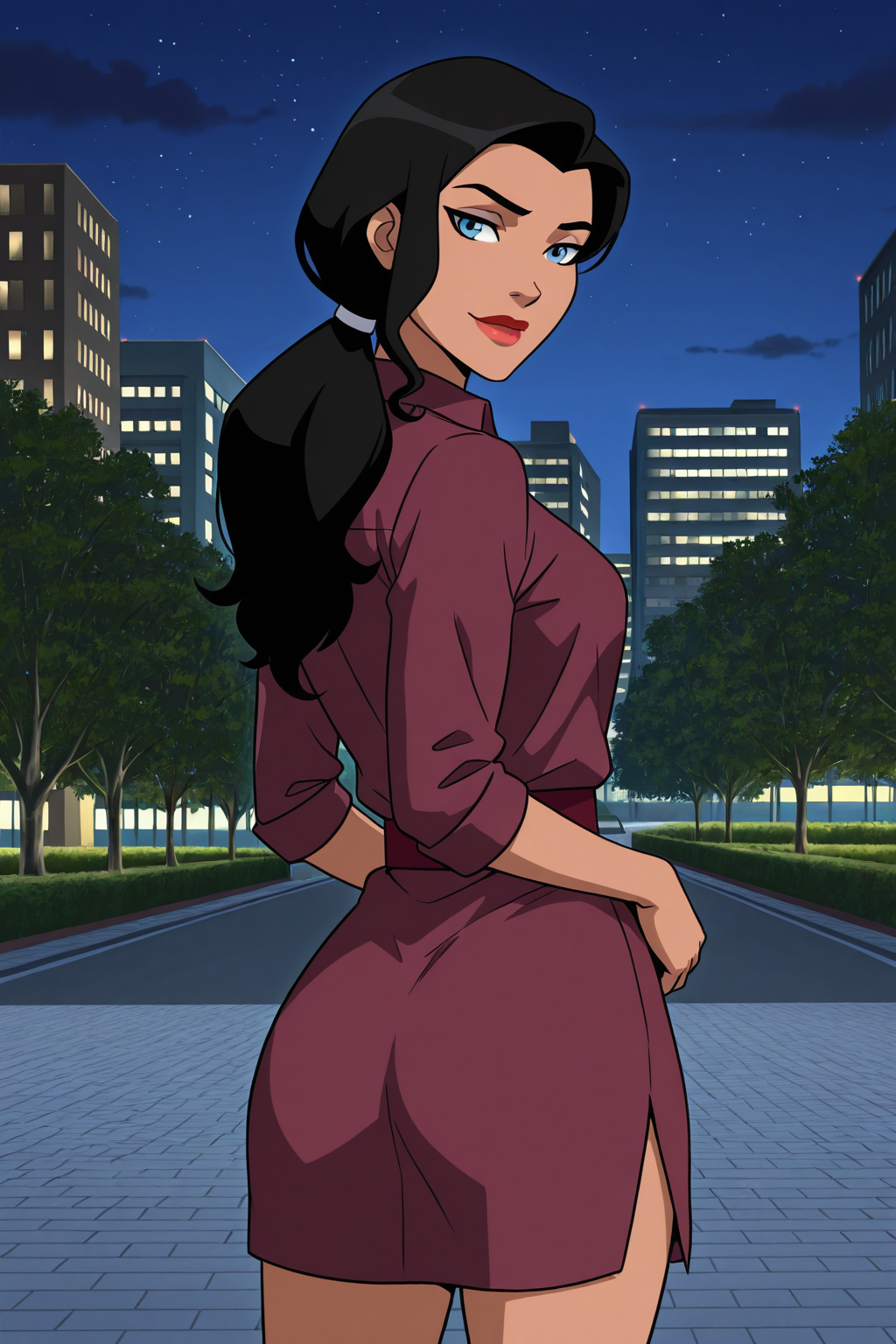 ((parody), perfect anatomy, perfect eyes, cowboy shot, from behind) BREAK <lora:ZatannaYJIL:1> zatanna zatara, black hair, long hair, blue eyes, lipstick, sultry eyes, sultry face, ((looking back at viewer)), ponytail, casual, maroon shirt, collared shirt, shirt dress, sash belt, maroon sash, model pose, showing off body, teasing viewer, city park, night, outdoors