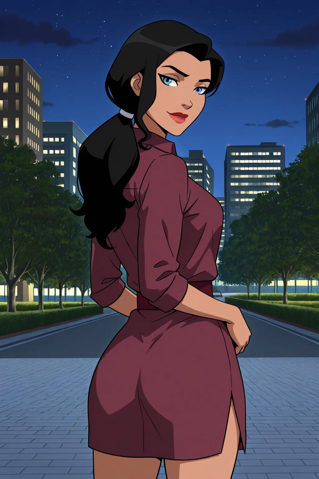 ((parody), perfect anatomy, perfect eyes, cowboy shot, from behind) BREAK <lora:ZatannaYJIL:1> zatanna zatara, black hair, long hair, blue eyes, lipstick, sultry eyes, sultry face, ((looking back at viewer)), ponytail, casual, maroon shirt, collared shirt, shirt dress, sash belt, maroon sash, model pose, showing off body, teasing viewer, city park, night, outdoors