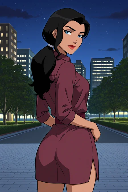((parody), perfect anatomy, perfect eyes, cowboy shot, from behind) BREAK <lora:ZatannaYJIL:1> zatanna zatara, black hair, long hair, blue eyes, lipstick, sultry eyes, sultry face, ((looking back at viewer)), ponytail, casual, maroon shirt, collared shirt, shirt dress, sash belt, maroon sash, model pose, showing off body, teasing viewer, city park, night, outdoors