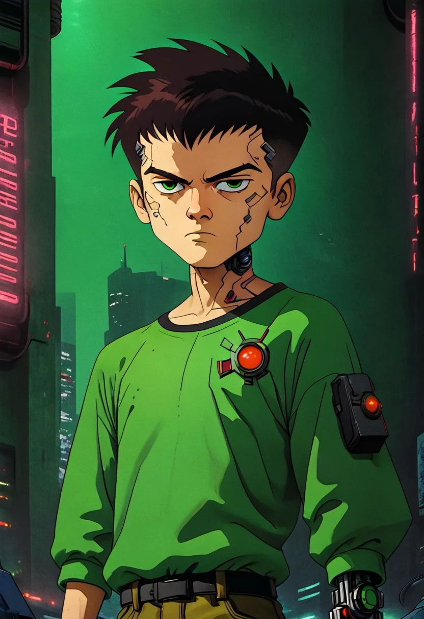 masterpiece,best quality,highres, ben_tennyson,(wristwatch),green shirts,green eyes,short hair,1man, adult man, cargo pants,solo, looking at wristwatch, half-closed eyes, knva, portrait, cyberpunk, city, neon, cyborg, halftone effect, science fiction, detailed,