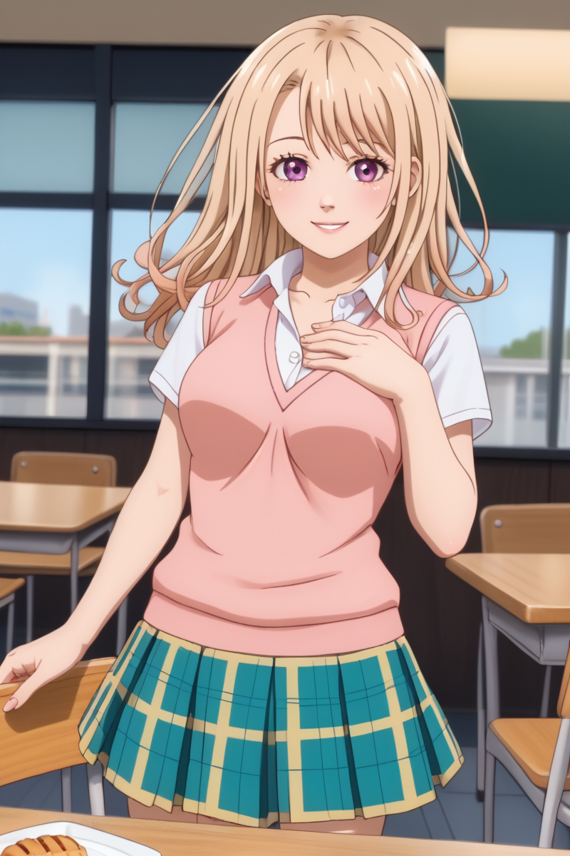 <lora:kawai_mona_km_pony:1>kawai mona, 1girl, long hair, breasts, looking at viewer, smile, skirt, blonde hair, shirt, black hair, standing, school uniform, jacket, white shirt, short sleeves, pleated skirt, miniskirt, purple eyes, plaid, plaid skirt, pink sweater vest, cafe, snack stall, indoor,  alone, blonde hair, cowboy shot, one hand on chest,