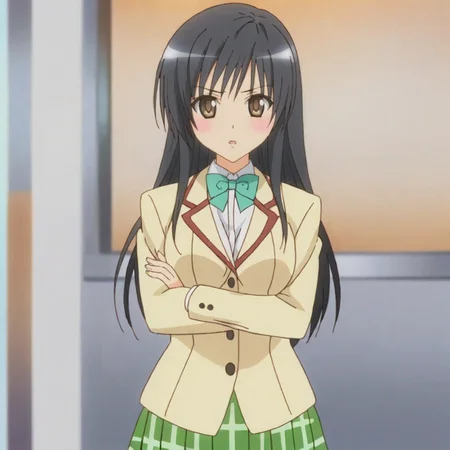 <lora:YuiToLoveRu_pony_v1:.8> Yui, 1girl, school uniform, long hair, brown eyes, black hair, blazer, jacket, bow, plaid skirt