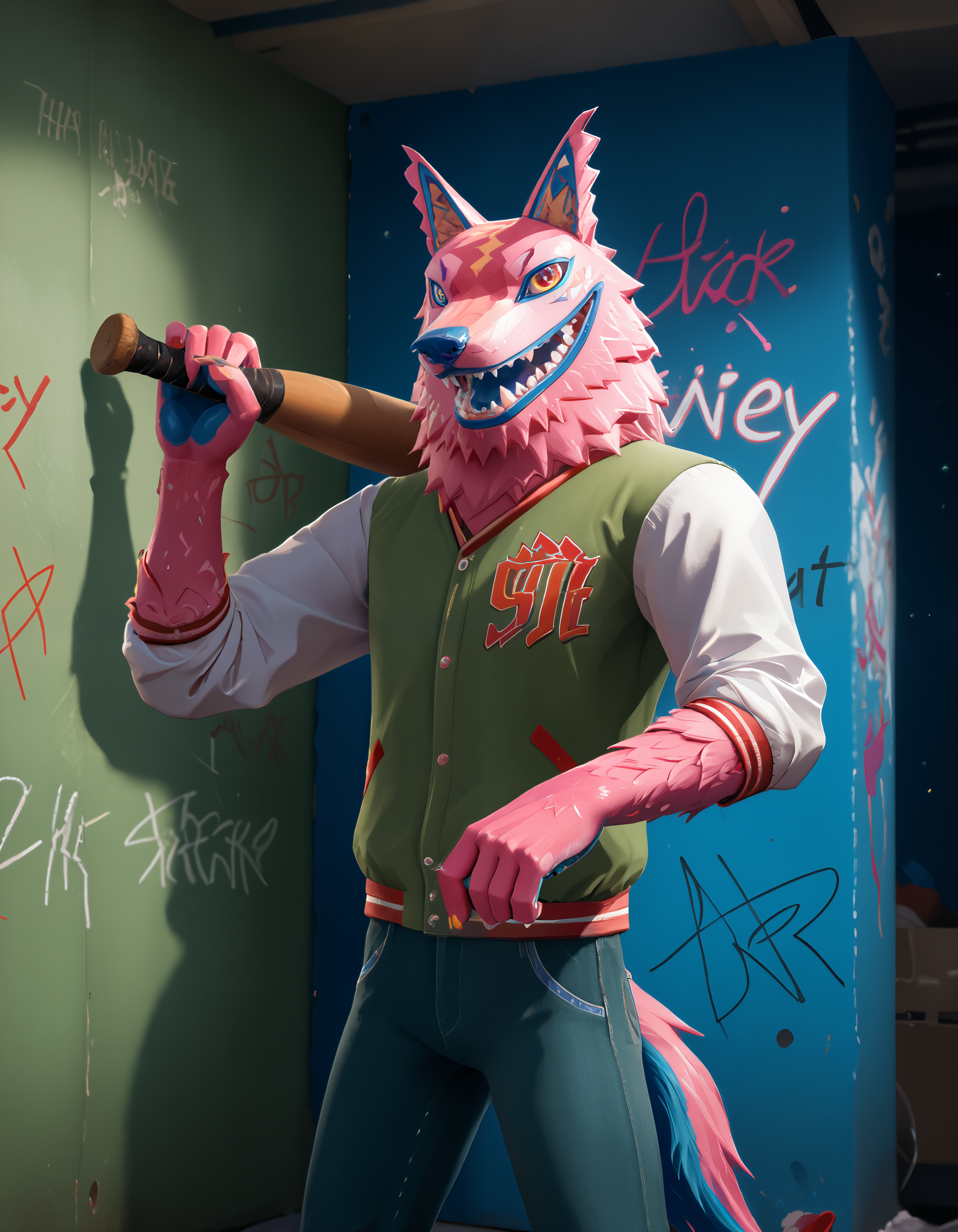 score_9, score_8_up, score_7_up, rating_safe, source_furry, detailed, cinematic lighting, particles, shadow, decals, masterpiece, best quality, ultra realistic, 4k, 2k, film photography, RAW photo, photorealistic, analog style, subsurface scattering, photorealism, <lora:add-detail-xl:3.0>, <lora:2.5DRealisticV2.safetensors:0.35>, <lora:sinfully_stylish_SDXL.safetensors:1.0>, <lora:AdvancedEnhancerXLv2.safetensors:1.0>, dutch angle, anthro, furry, <lora:fortnite_Andy_Fangerson.safetensors:1.0>, Andy Fangerson, (hold baseball bat on shoulder:1.1), wolf, wolf Alebrije, pink fur, blue nose, red Scalera, yellow pupil, no iris, wolf ears, wolf tail, blue tongue, blue pawpads, claws, Jacket, denim pants, upper body, vibemix <lora:Vibemix_Color_Style_PonyXL:1.0>, (graffiti, decals, stickers, paint:1.05), _random-pose__, surprised,
