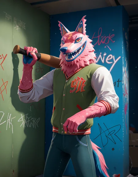 score_9, score_8_up, score_7_up, rating_safe, source_furry, detailed, cinematic lighting, particles, shadow, decals, masterpiece, best quality, ultra realistic, 4k, 2k, film photography, RAW photo, photorealistic, analog style, subsurface scattering, photorealism, <lora:add-detail-xl:3.0>, <lora:2.5DRealisticV2.safetensors:0.35>, <lora:sinfully_stylish_SDXL.safetensors:1.0>, <lora:AdvancedEnhancerXLv2.safetensors:1.0>, dutch angle, anthro, furry, <lora:fortnite_Andy_Fangerson.safetensors:1.0>, Andy Fangerson, (hold baseball bat on shoulder:1.1), wolf, wolf Alebrije, pink fur, blue nose, red Scalera, yellow pupil, no iris, wolf ears, wolf tail, blue tongue, blue pawpads, claws, Jacket, denim pants, upper body, vibemix <lora:Vibemix_Color_Style_PonyXL:1.0>, (graffiti, decals, stickers, paint:1.05), _random-pose__, surprised,