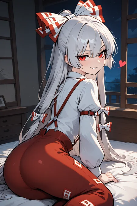 masterpiece, best quality, 1girl, solo, 21 year old model, eyelashes, (beautiful eyes), ,,, <lora:FujiwaraNoMokouTouhouIXL:1.0>, zzMokou, red eyes, hair between eyes, grey hair, hair bow, hair ribbon, long hair, very long hair, white hair bow, suspenders, white shirt, shirt, long sleeves, pants, white bow, red pants, collared shirt,BREAK,,, night, bed room, from behind, ass, looking back, smirk, heart, smile, looking at viewer, shiny skin, <lora:SmoothAnimeIXL:0.8>, <lora:princess_xl_v2:0.3>,