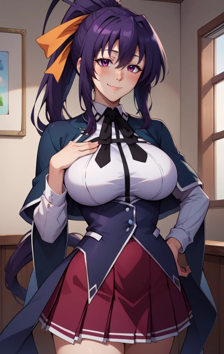 score_9, score_8_up, score_7_up, score_9, BREAK <lora:akenohimejimadxd:1> akenohimejimaSDXL, 1girl, solo, long hair, breasts, looking at viewer, blush, smile, bangs, skirt, large breasts, room background, shirt, black hair, ribbon, hair between eyes, very long hair, closed mouth, school uniform, purple eyes, hair ribbon, white shirt, ponytail, cowboy shot, pleated skirt, hand on hip, capelet, red skirt, hand on own chest, yellow ribbon, black capelet, orange ribbon, himejima akeno,