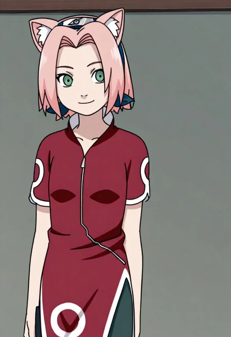 solo, 1girl, haruno sakura, pink hair, short hair, green eyes, slim body,Small breasts,red shirt, red qipao, black short sleeves, bike shorts,cute,
pink cat ears,smiling