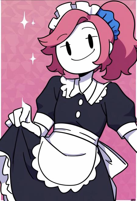 score_7, 1girl, pink hair, ponytail, blue scrunchie, white skin, colored skin, flat color, no sclera, black oval eyes, maid outfit, happy, bright smile,