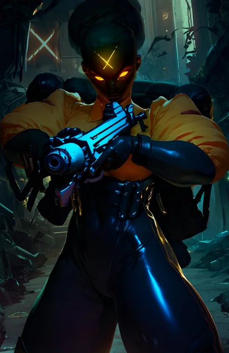 score_9, score_8_up, score_7_up,
beautiful muscular haze_dl, 1girl, sexy, yellow eyes, glowing, dark skin, glowing eyes, weapon, gun, holding, holding weapon, bodysuit, holding gun
<lora:cutesexyronutts_style_xl:0.8> <lora:Fant5yP0ny:0.5> <lora:Haze:1>