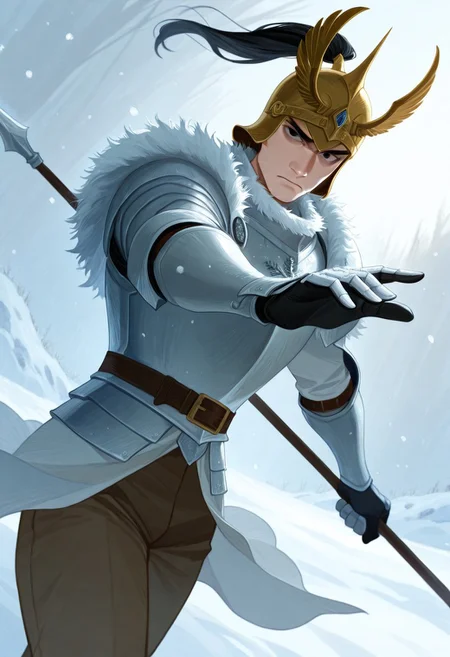 realistic shading, natural lighting, expressive serious face, machawdw-helmetted 1male focus, gold-white_machawdw_ponytail helmet, black eyes, eye_focus, holding spear, spear, fighting stance, cuirass, brown pants, armor, shiny skin, cowboy shot, snowing, snowflake, surreal, symbolic background, shadow, foreshortening, dutch angle, dynamic angle, dynamic action, intricately detailed illustration, cinematic, depth of field, atmospheric perspective, masterpiece, best quality, amazing quality, very aesthetic, absurdres, newest