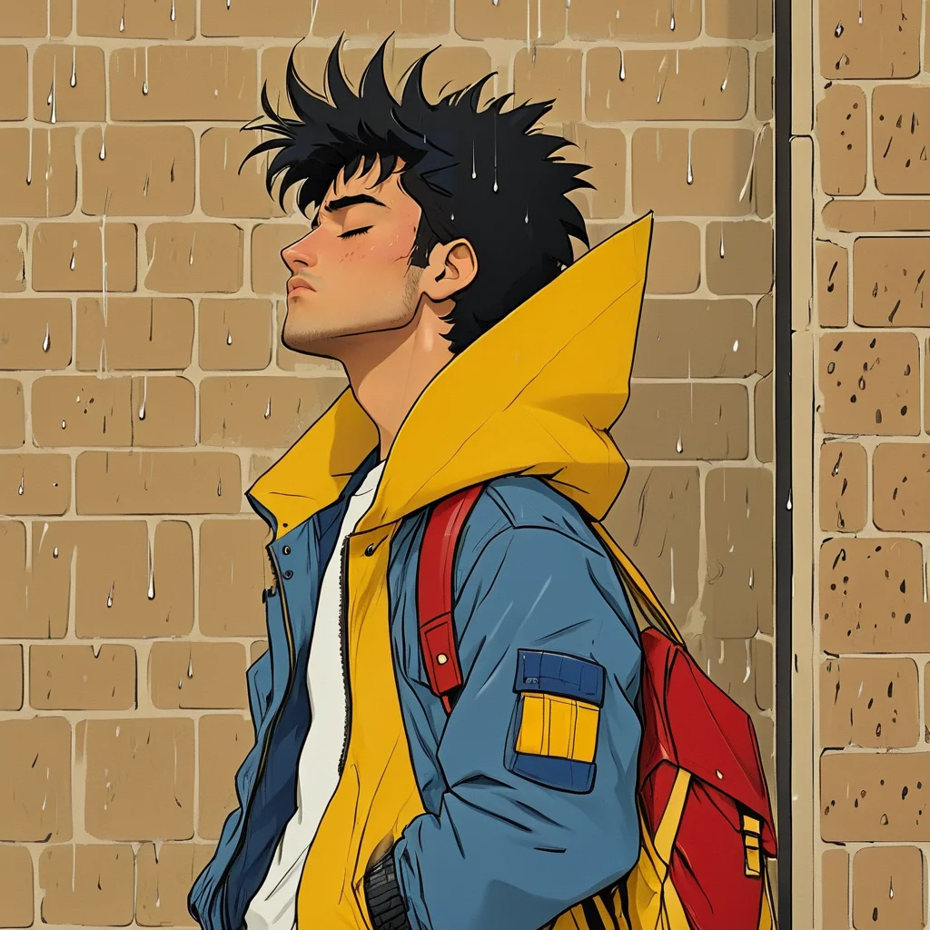<lora:Retro_Anime_Flat_ColorsSDXL:1> ArsMJStyle, Retro Anime Flat Colors, The image is an illustration of a young man standing in front of a brick wall. He is wearing a blue jacket with a yellow hood and a red backpack. His hair is styled in a messy spiky manner and he is looking up towards the sky with a peaceful expression on his face. The raindrops are falling around him creating a sense of calm and serenity. The overall mood of the image is one of calmness and tranquility., 1boy, male focus, solo, rain, black hair, jacket, hood, shirt, facial hair, closed eyes
