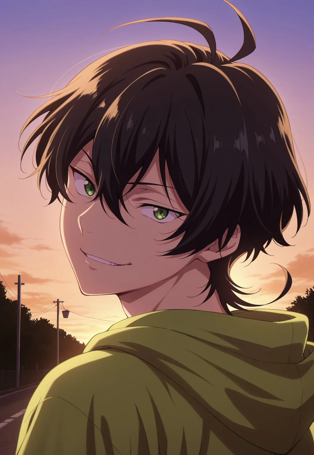 masterpiece,best quality,amazing quality, detailed details, shaded, detailed shading, detailed skin, shaded skin, realistic shading, countershading:1.1, outdoors, evening, looking bat at viewer, looking back, close-up, 1boy, solo, miya_(sk8), Miya Chinen, black hair, green eyes, casual clothes, green hoodie, looking at viewer, smirk,