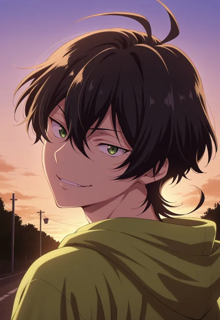 masterpiece,best quality,amazing quality, detailed details, shaded, detailed shading, detailed skin, shaded skin, realistic shading, countershading:1.1, outdoors, evening, looking bat at viewer, looking back, close-up, 1boy, solo, miya_(sk8), Miya Chinen, black hair, green eyes, casual clothes, green hoodie, looking at viewer, smirk,