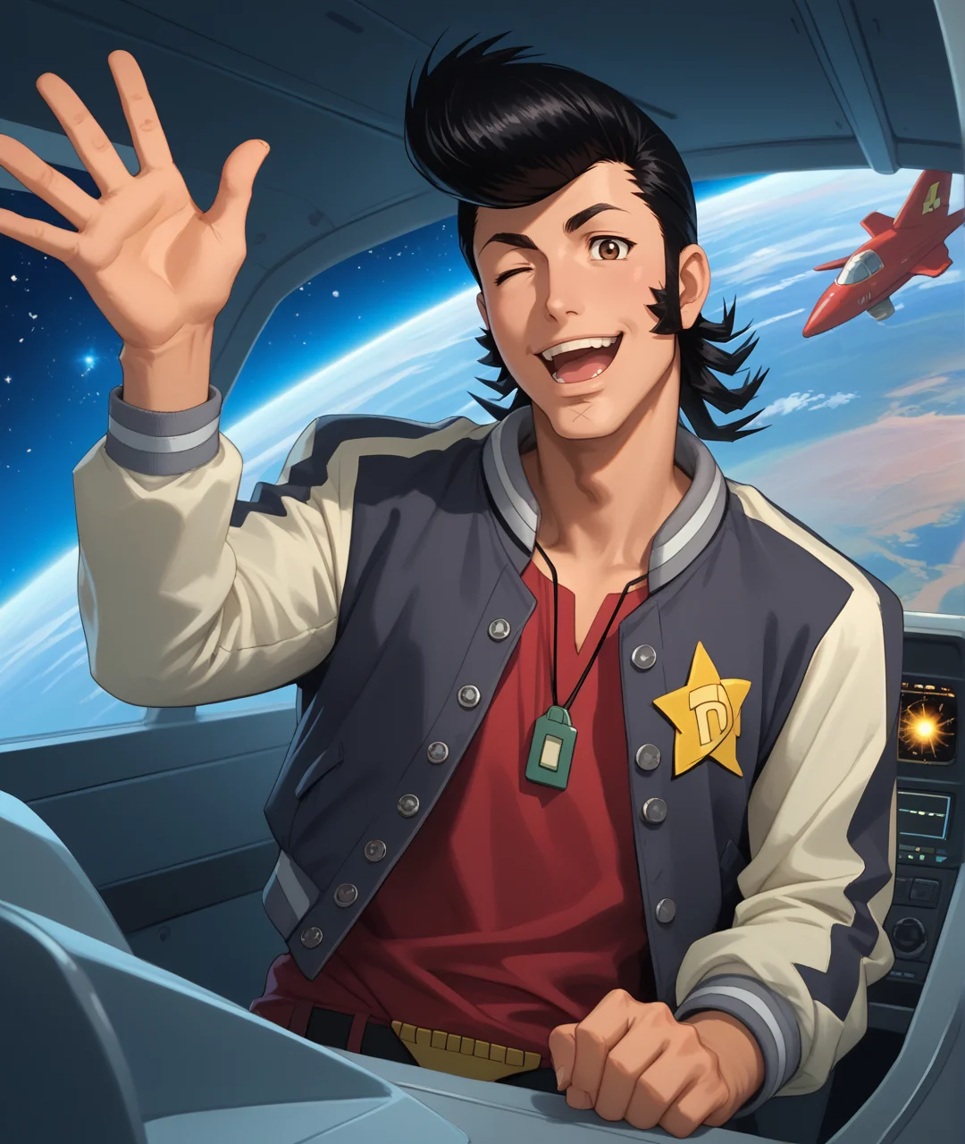 score_9, score_8_up, score_7_up, spacecraft, star \(sky\), cockpit, sparkle, 
BREAK
1boy, solo, manly, dandy \(space dandy\), space dandy, (muscular), pompadour, sideburns, black hair, letterman jacket, open jacket, red shirt, one eye closed, brown eyes, big smile, open mouth, looking at viewer, waving, 
<lora:spacedandy:1>