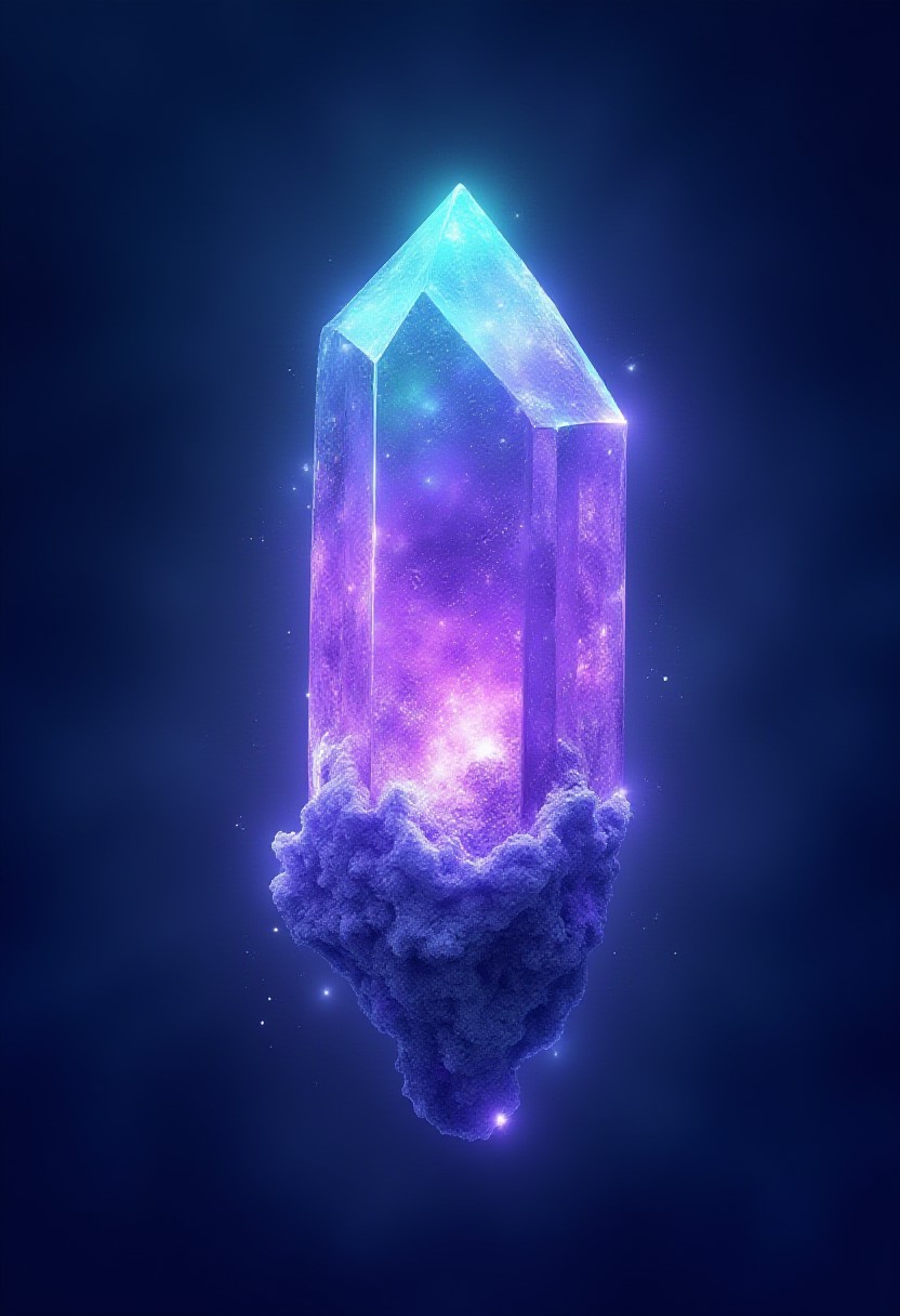 A purple green magical crystal floating in the air, the galaxy is refracting within the crystal, magic glow, purple glow, green glow, illuminated, masterpiece, highly detailed, graphic,
