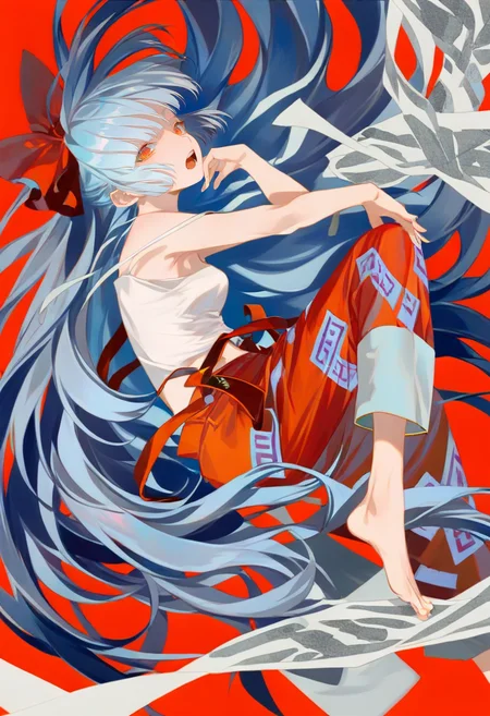 1girl, fujiwara no mokou, long hair, pants, solo, bow, hair bow, red pants, barefoot, red bow, looking at viewer, open mouth, ofuda, shirt, white shirt, very long hair, red background, bangs, bare shoulders, red eyes, blue hair, orange eyes, bare arms <lora:reiXL_il_lokr_V53P1:0.95>