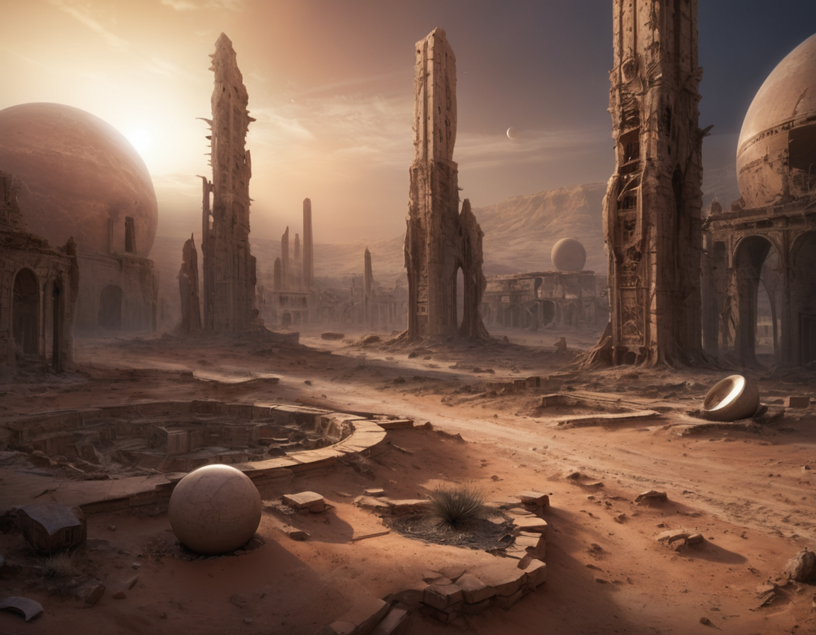 Beneath the eerie glow of twin moons, the ruins of what was once a bustling metropolis stretched endlessly across the arid landscape, their shattered walls resembling a colossal sculpture garden sculpted by time and erosion, b3ks1n
