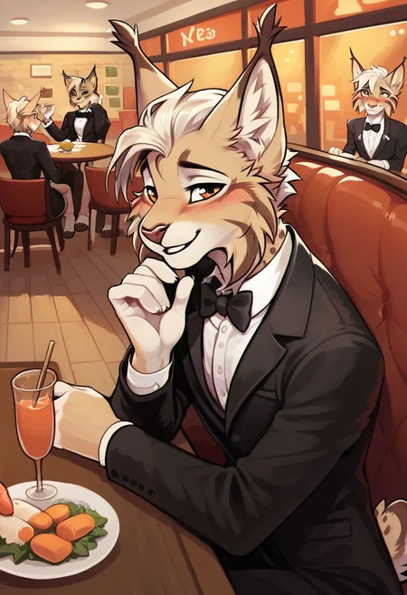 score_9, score_8_up, score_8, 1boy, anthro lynx, blonde hair, brown eyes, smooth, black tuxedo suit, bow tie, shy look, blushing, smiling, romantic, on date, sitting, in restaurant, detailed background, pov, highly detailed, perfect, high quality, posing
