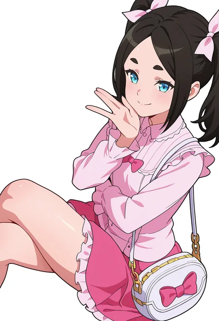 Smooth Quality,masterpiece,very intricate, high quality details, ultra realistic, high detailed skin,detailed enviorement,absurdres,
waving ,
<lora:Dannar_Toxico_CNR:0.7> toxico_cnr, 1girl,black hair, twintails, blue eyes, thick eyebrows,
toxico_pink_cnr, 1girl,pink dress, pink shirt,pink skirt,long sleeves, frills,handbag,pink bow, ribbon, simple background, white background, sideways,
sitting, legs crossed, hand on chin, smiling, relaxed,  ,, afterglow,
