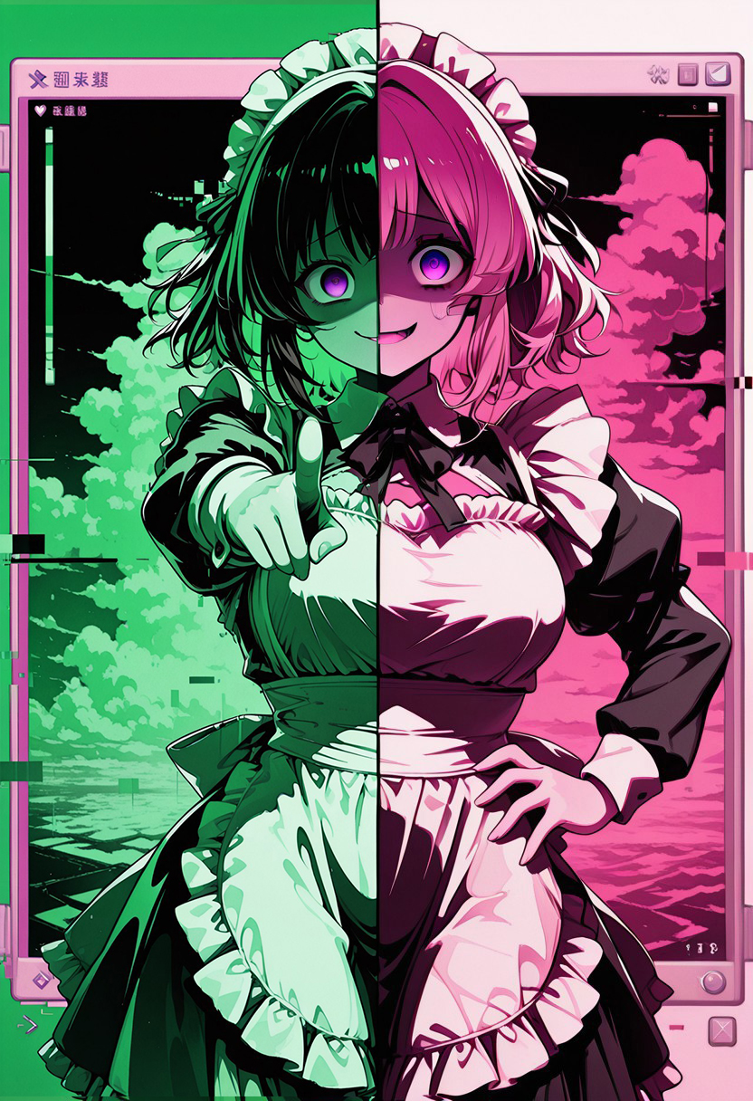 limited palette, pink, green, high contrast, (moshimoshibe:0.5), (qqqrinkappp:0.5),
(((split theme, polar opposites, dual persona))), yandere, scared, evil, grin,
cowboy shot,
hand on hip, pointing,
CivChan, purple eyes, pink hair,
[maid headdress], backlighting,
detailed background, pink cloud, window \(computing\), glitch,
[masterpiece, best quality, absurdres, very aesthetic, dynamic pose]