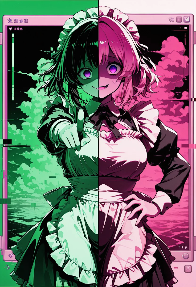 limited palette, pink, green, high contrast, (moshimoshibe:0.5), (qqqrinkappp:0.5),
(((split theme, polar opposites, dual persona))), yandere, scared, evil, grin,
cowboy shot,
hand on hip, pointing,
CivChan, purple eyes, pink hair,
[maid headdress], backlighting,
detailed background, pink cloud, window \(computing\), glitch,
[masterpiece, best quality, absurdres, very aesthetic, dynamic pose]