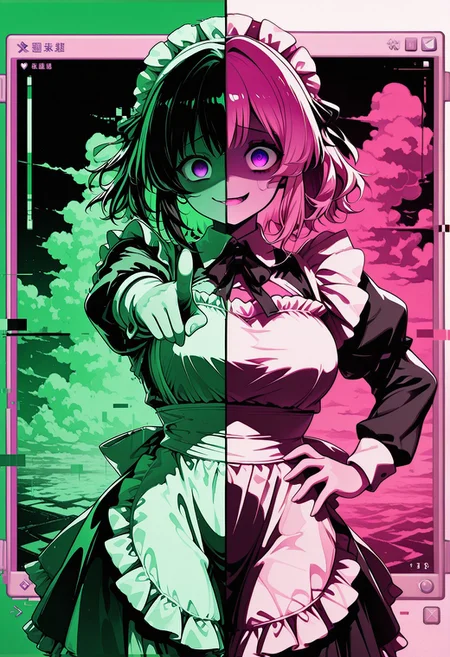 limited palette, pink, green, high contrast, (moshimoshibe:0.5), (qqqrinkappp:0.5),
(((split theme, polar opposites, dual persona))), yandere, scared, evil, grin,
cowboy shot,
hand on hip, pointing,
CivChan, purple eyes, pink hair,
[maid headdress], backlighting,
detailed background, pink cloud, window \(computing\), glitch,
[masterpiece, best quality, absurdres, very aesthetic, dynamic pose]