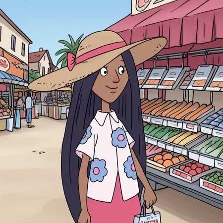 1girl, solo, gghh1, dark skin, black hair, long hair, sun hat, skirt, shopping, looking at produce, market, official style, <lora:gghh1:1.1>,