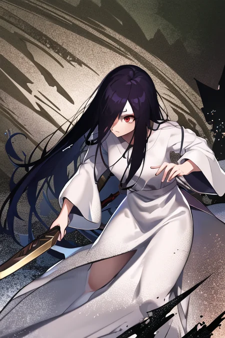 ((masterpiece)),(best quality), absurdres,sadako_yamamura,red eyes, white dress,<lora:Sadakobest:0.8>, <lora:attackingConcept_18:0.6>,detailed solo character holding weapon, detailed face, attack action, using weapon, intricate design, sharp focus, fantasy clothing,