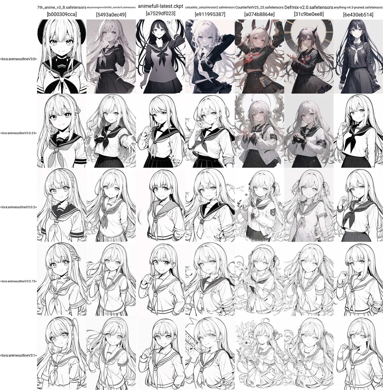 masterpiece, best quality, 1girl, solo, smile, school uniform, serafuku, long hair, simple background, white background, monochrome, lineart, <lora:animeoutlineV3:0>