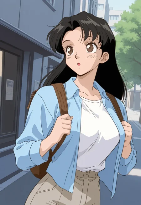 ktml_sakura, adult woman, film grain, 1girl, solo, standing, looking away, dutch angle, portrait,
day, sunlight, outdoors, window, building, street, tree, medium breasts,
black hair, long hair, messy hair, parted bangs, eyelashes, brown eyes, blush, :o,
blue collared shirt, white shirt, open shirt, grey pants, holding backpack, brown bag,
best quality,amazing quality,very aesthetic,absurdres
<lora:ktml_sakura:1>