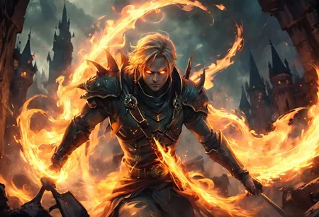 Dynamic action shot of a spinning Alucard assassin swinging a flaming whip while on an outer castle wall high above the ground, video game character, Prince1024, SOTN, 
extremely detailed background, IBG,  background focus, pink and orange skies, 
candid shot, 
hyperdetailed realistic illustration, intricately detailed, highest quality, implied motion, 
BREAK, ultra level of detail and precision in the art, masterpiece, mixed media, intense mood, detailed shading, extreme wide-angle view, motion blur, ray-traced, semirealistic, 
subsurface scattering, light leaks, soft shadows, film grain, Dutch angle, cinematic composition, mystic haze, dusty atmosphere, HDR, complementary colors, vibrant colors, golden-hour, fisheye view, colorful palette,