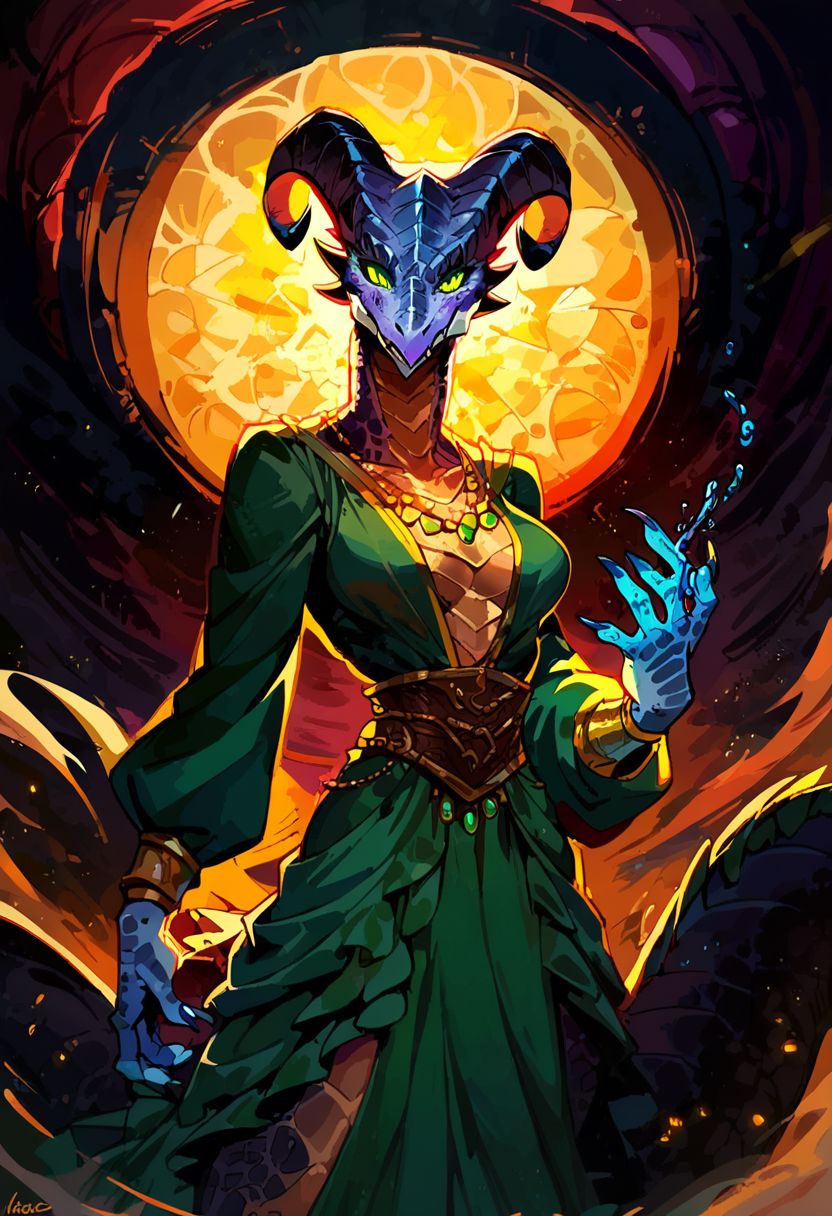 zPDXL, score_9, score_8_up, score_8, score_7_up, dragonborn, female, score_7, HD, Purple primary scales, Silver under scales, Sparkling silver eyes, long curled horns, sharp horns, dragon horns, tight dress, dark green dress, frilled dress, gold framed necklace with green gemstone, gold ornate horn coverings, atb, medium breasts, breasts pouring out, regal pose, regal clothing, regal style, radiant lighting,