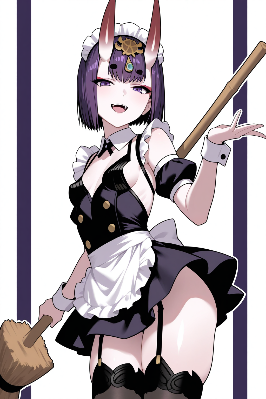 1girl, shuten douji \(fate\), fate \(series\), apron, black dress, black thighhighs, breasts, broom, detached collar, detached sleeves, dress, eyeliner, garter straps, headpiece, horns, looking at viewer, maid, maid headdress, makeup, oni, open mouth, puffy short sleeves, puffy sleeves, purple eyes, purple hair, short dress, short hair, short sleeves, sideboob, skin-covered horns, small breasts, smile, solo, thighhighs, waist apron, white apron, wrist cuffs, masterpiece, best quality, absurdres