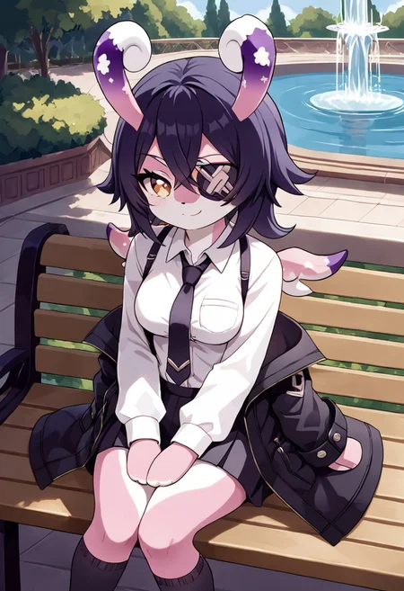 masterpiece, high quality image, very detailed, score_9, score_8_up, 1girl, Tenryuu as a melusine, small melusine, eyepatch, necktie, curly ears, dark purple ears, dark purple horns, wings, pink skin, cute, smirk smile, medium breasts, black thigh high socks, dark hair, black skirt, white shirt, black jacket,large fountain in background, cinematic view, sitting on bench, novuschroma79 style, cute smile