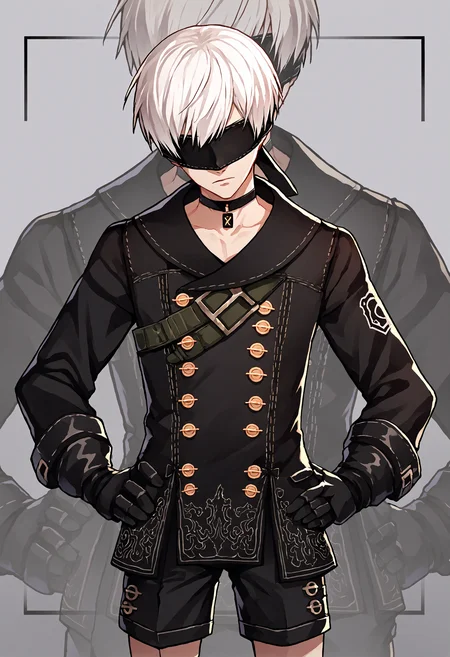 biomechanical cyberpunk score_9, score_7_up, source_anime, uncensored, cowboy shot, head tilt, from behind, zoom layer, (grim:1.2), hands on hips, :/, silent comic,
<lora:NierAutomata_9S_v1.0:1> 9S, 9s (nier:automata), 1boy, solo, gloves, shorts, black gloves, white hair, black blindfold, black choker, short hair, kneehighs, long sleeves, black jacket, double-breasted, jacket, buttons
. cybernetics, human-machine fusion, dystopian, organic meets artificial, dark, intricate, highly detailed