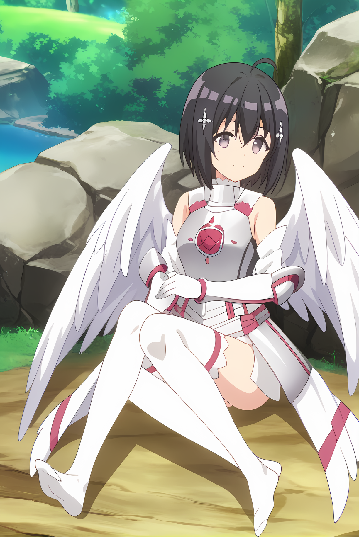 (white armor white gloves white sleeves white thighhighs white wings), bof-maple, black hair, hair ornament, medium breasts, 1girl, solo, skinny, feet, score_9, score_8, score_7, source_anime, light smile, outdoors, (1.3::full body|sitting|standing|lying|0.6::close-up| :1.20), <lora:bof-maple-V01-000004:1.00>