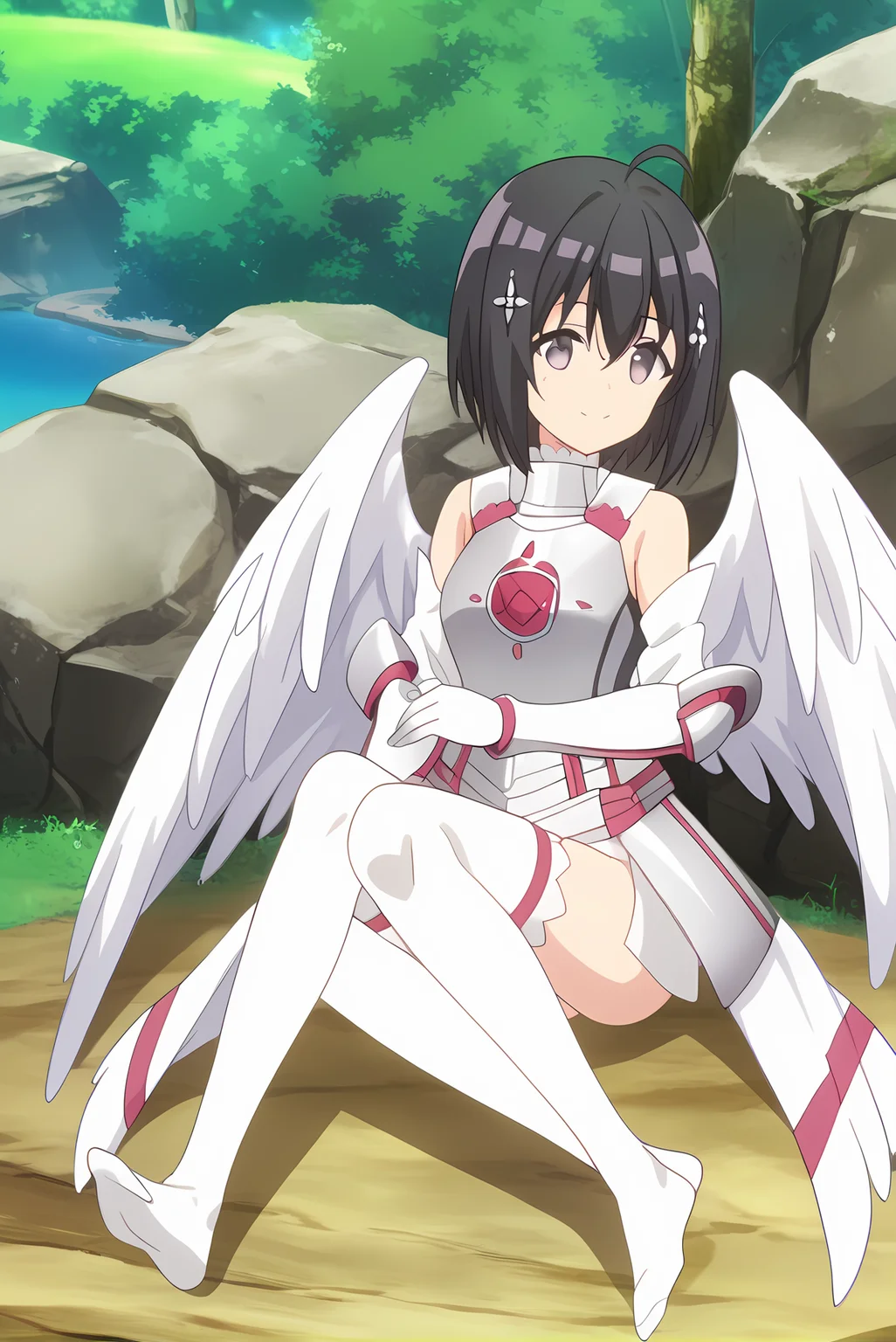 (white armor white gloves white sleeves white thighhighs white wings), bof-maple, black hair, hair ornament, medium breasts, 1girl, solo, skinny, feet, score_9, score_8, score_7, source_anime, light smile, outdoors, (1.3::full body|sitting|standing|lying|0.6::close-up| :1.20), <lora:bof-maple-V01-000004:1.00>
