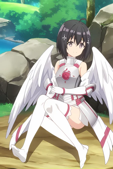 (white armor white gloves white sleeves white thighhighs white wings), bof-maple, black hair, hair ornament, medium breasts, 1girl, solo, skinny, feet, score_9, score_8, score_7, source_anime, light smile, outdoors, (1.3::full body|sitting|standing|lying|0.6::close-up| :1.20), <lora:bof-maple-V01-000004:1.00>