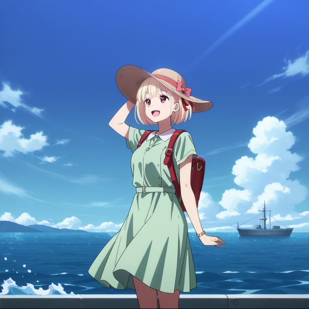 nsfw, masterpiece,best quality,amazing quality,1girl, solo, lycoris_recoil_chisato_nishikigi, backpack, blonde hair, solo, bag, hat, dress, short hair, outdoors, sky, smile, red eyes, ocean, cloud, open mouth, bangs, day, green dress, short sleeves, blue sky, sun hat, :d, water, on ship,<lora:Chisato_Nishikigi_-_Lycoris_Recoil:0.7>