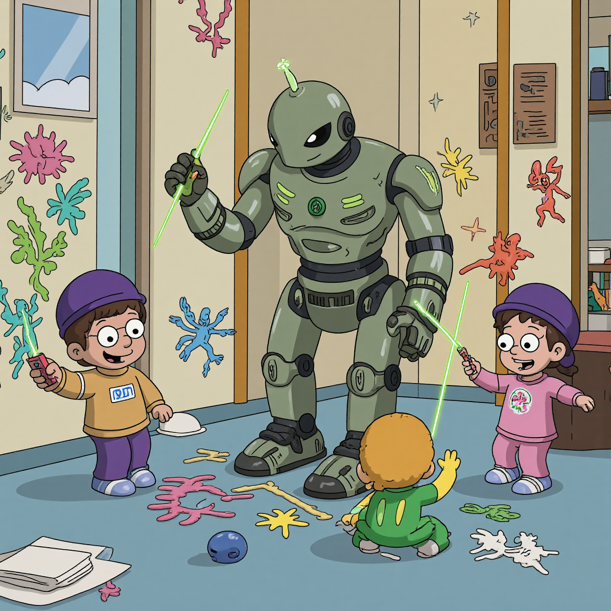 A robot babysitter being overwhelmed by hyperactive alien toddlers drawing on the walls with laser crayons, cartoon