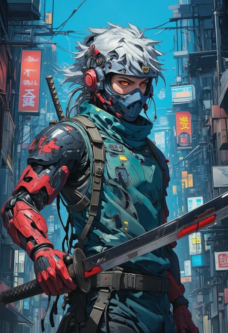 amazing cyberpunk anime artwork, thin lines, sharp,  (cyborg:.8)  man as ninja assassin with cybernetic implants. He is holding a katana.  Masculine, male, muscular, human, human face, red and black cybernetic arms
Fighting pose, holding katana
Lurking in the shadows of cyberpunk city background alley under neon 
 grey hair, covered mouth, mouth mask, red eye, scar across eye, forehead protector, gloves, konohagakure symbol, mature, green vest, 
lights<lora:BLUE_mk4_angel_FLUX_03:1.3> <lora:CPA:1>  <lora:FLUXEvolyzedV1:1>