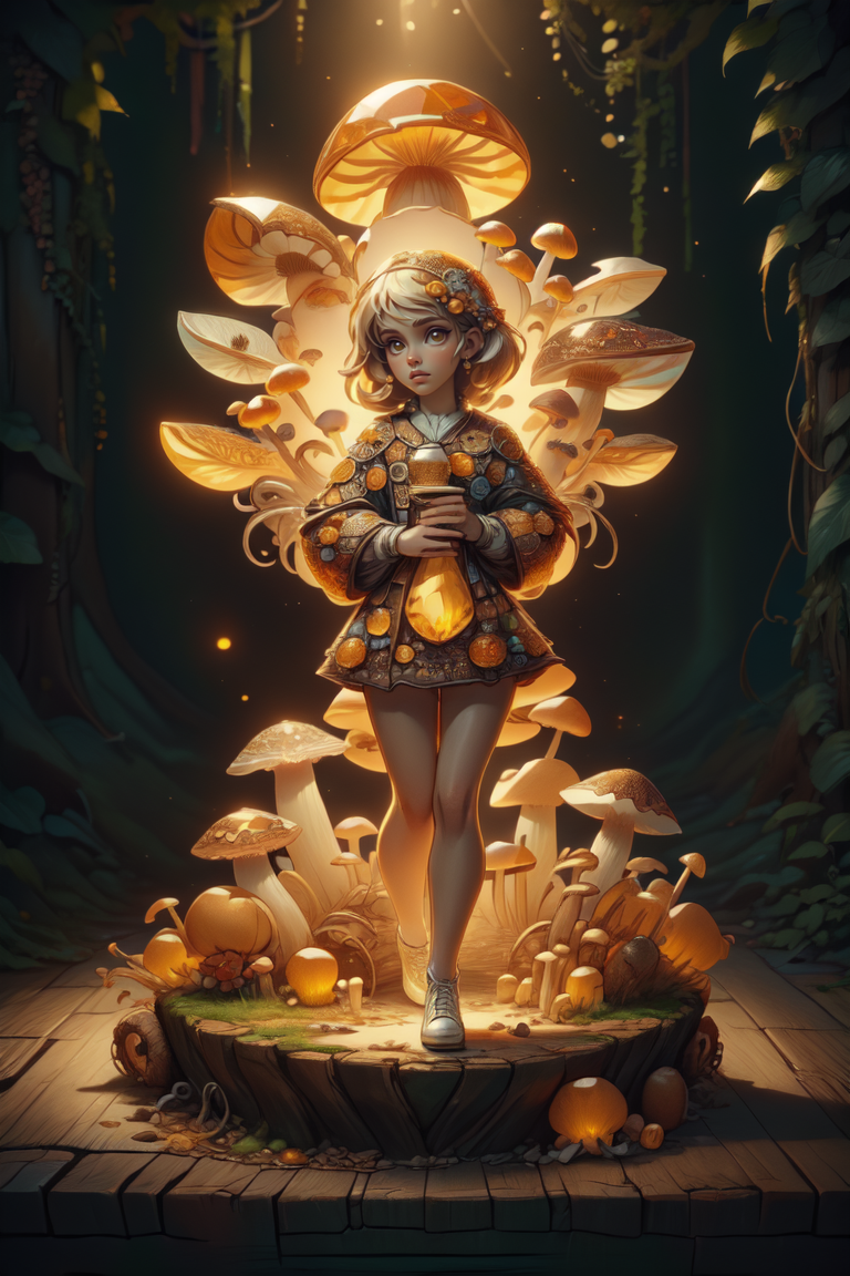 breathtaking 1girl, full shot, full body, <lora:ral-mushroomz:1> mushroomz <lora:citrine-style-darquelilly-v1:1> citrinegemstyle, masterpiece, award-winning, professional, highly detailed, low key lighting, chiaroscuro lighting