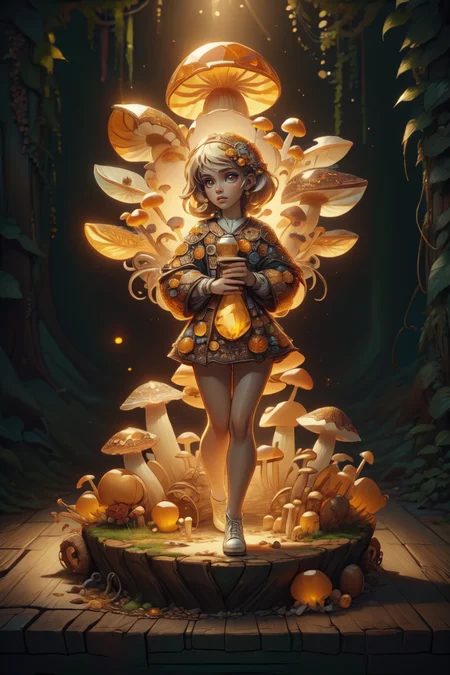 breathtaking 1girl, full shot, full body, <lora:ral-mushroomz:1> mushroomz <lora:citrine-style-darquelilly-v1:1> citrinegemstyle, masterpiece, award-winning, professional, highly detailed, low key lighting, chiaroscuro lighting