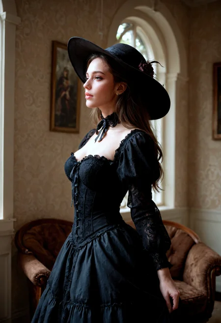 score_9, score_8_up, score_7_up, (masterpiece, best quality, ultra-detailed, realistic), a Victorian-era gothic woman standing elegantly, (wearing a wide-brimmed black hat:1.2), long flowing Victorian dress with intricate lace details and a (tight corset:1.1), pale skin, all-black clothing, dark and mysterious atmosphere, her expression calm yet haunting, standing in front of a dimly lit Victorian mansion, high contrast between her pale skin and dark attire, 8k resolution, cinematic lighting, medium shot, detailed face and fabric, side view, gothic elegance, eerie mood