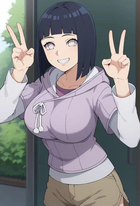 score_9, score_8_up, score_7_up, source_anime,BREAK, 1girl,solo,hinapony, hooded jacket, , pearl eyes, layered sleeves, <lora:HinataborutoPONYXL:0.7>, large breasts, smile, brown shorts, v pose